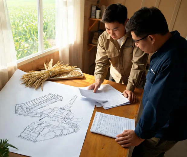 Harvesting equipment specification review on a farm workbench