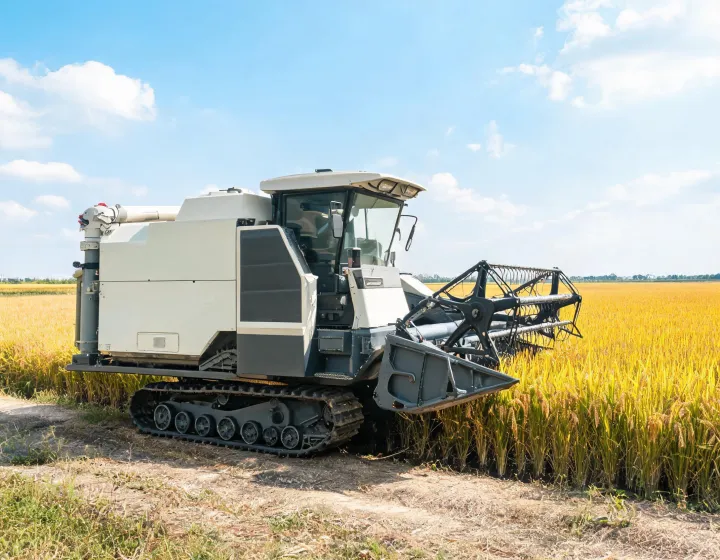 Compact tracked harvesting machine at a rice field edge