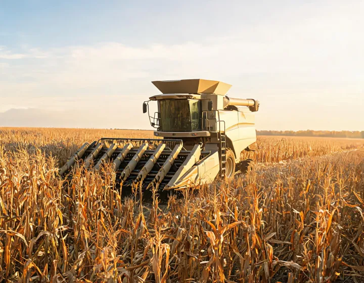 Corn combine harvester with row header in a mature corn field