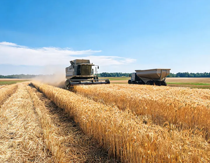 Combine operating in a wheat field with grain logistics nearby