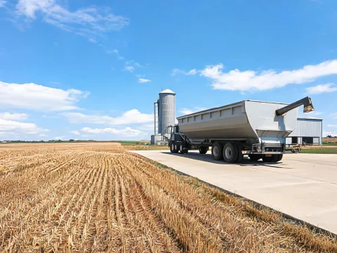 Grain cart and unloading area beside a wheat field