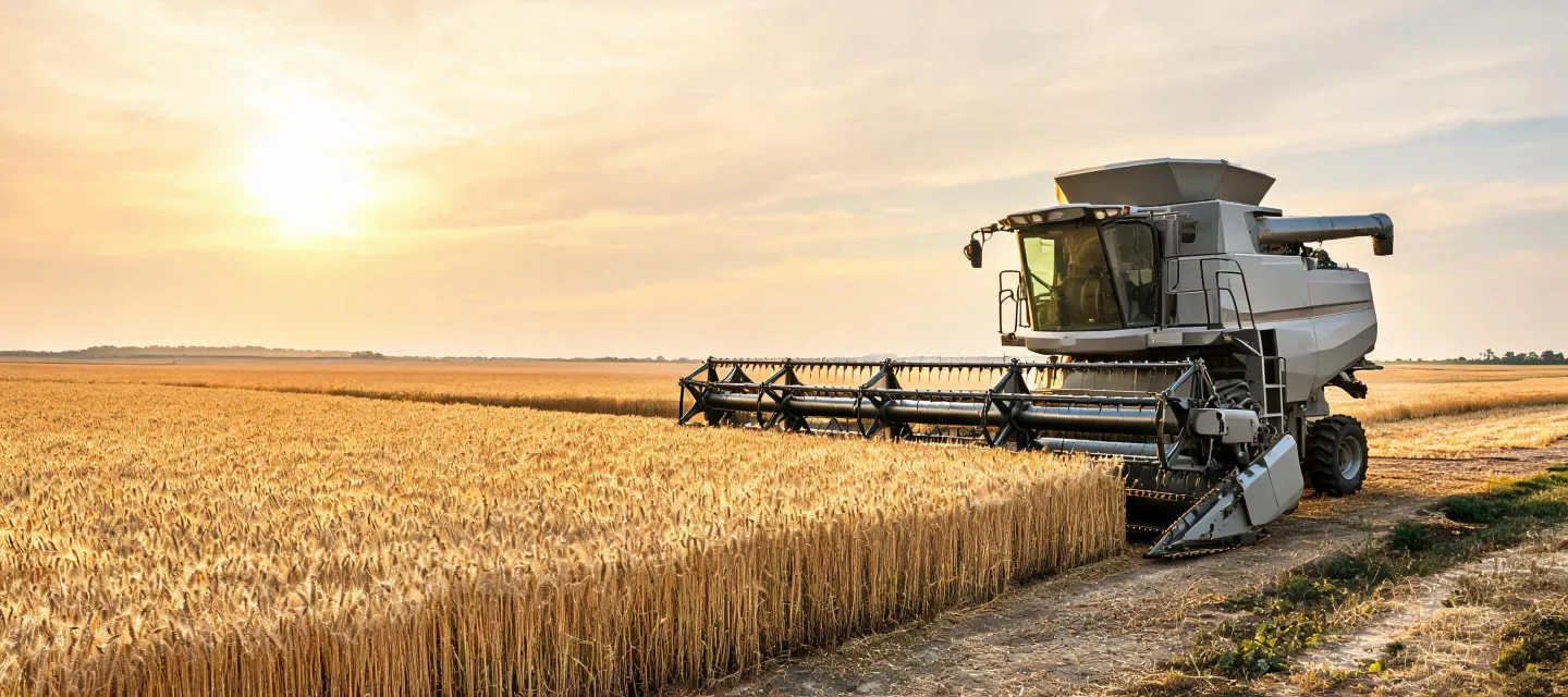 Wheat harvesting machinery prepared beside a grain field